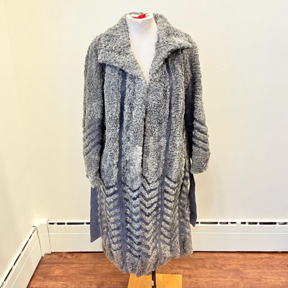 Vintage gray ASTRAKHAN LAMB sheep & Suede coat Jacket with chevron pattern strip - Picture 11 of 16